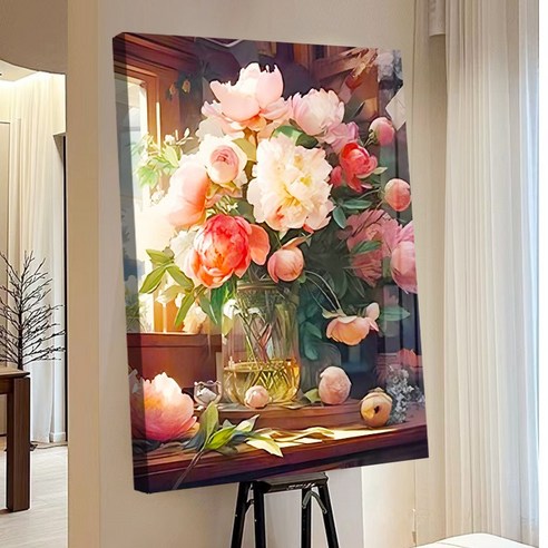 votgl 보석십자수 캔버스형 DIY 액자형 풍경 인물 꽃식물50x40cm, 09모란꽃, 1개