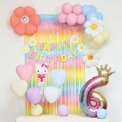 [피앤비유니티]스마일데이지 풍선스탠드 생일장식커튼세트 펌프포함, 1세트, 28-6)헬로우키티 마카롱커튼세트6