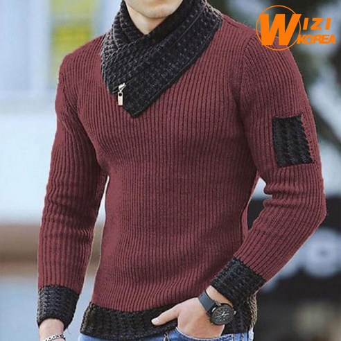 남성 겨울 터틀넥 배색 스웨터 슬림 패치 니트 폴라티 WI007N