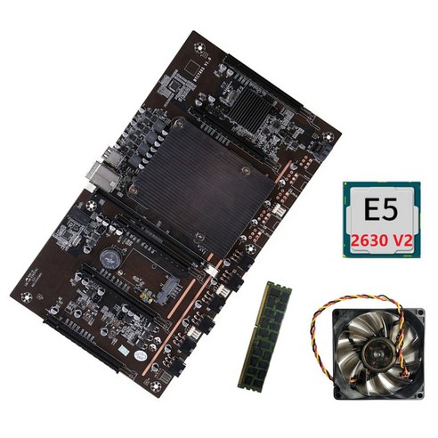 Monland X79 H61 BTC 광부 마더보드 5 PCIe 지원 3060 3070 3080 그래픽 카드(E5 2630 V2 CPU + RECC 4G DDR3 RAM 팬 포함), 검은 색