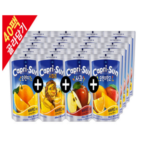 소솜상점 카프리썬 200ml 혼합 40팩 (오렌지망고+오렌지+사과+사파리 각 10팩), 1세트