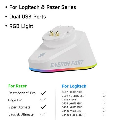 무선 충전기 핸드폰무선충전기 RGB 게이밍 마우스 및 USB 2 로지텍 G403 G502 X 플러스 G703 G903 HERO G PRO 슈퍼라이트 히어로 GPW2 독 스테이션, 03 White with cable