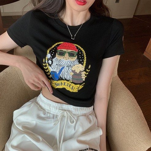 smy품질 검사 실제 샷 실제 가격 ~ 50037 # 세련된 홍콩 스타일 복고풍 인쇄 스웨터 티셔츠 여성 짧은 소매 탑