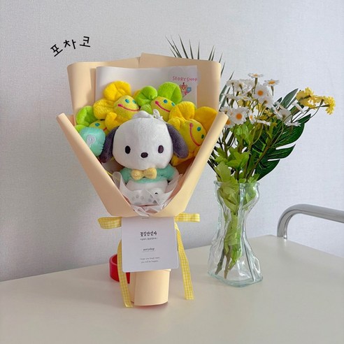 당일발송 정품 산리오 파티 봉제인형꽃다발 스마일꽃4송이 산리오 키링 졸업선물 졸업식꽃다발, 1개, 포차코, 350mm
