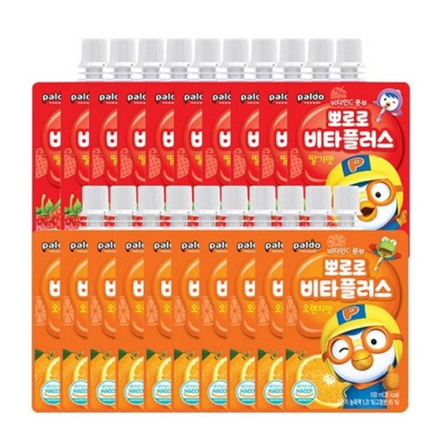 팔도 뽀로로 비타플러스-어린이비타민음료 딸기맛10개 + 오렌지맛10개, 1세트, 100ml