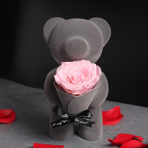 [LOVE MQ] 선물 상자 + 로즈 곰 아름다움과 야수 진짜 말린 꽃 영원한 로즈 크리스마스 장식 웨딩 장식 발렌타인 데이 선물, 하나, 핑크