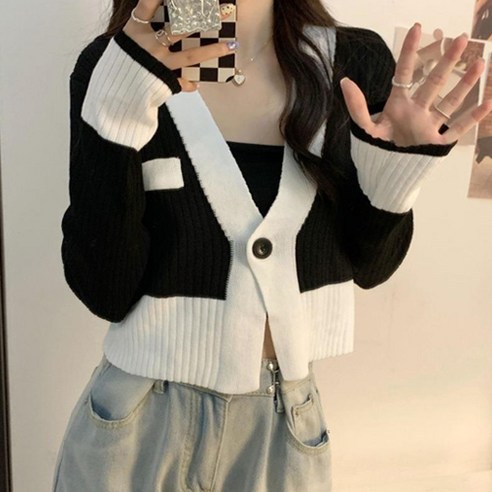 여성 데일리 배색 브이넥 니트 가디건 W549