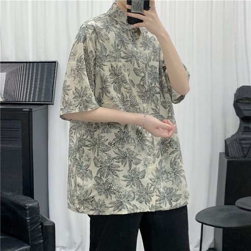 DFMEI 여름 잘 생긴 셔츠 남성 반팔 홍콩 스타일 느슨한 인터넷 연예인 반소매 셔츠 유행 브랜드 아주 요정 탑