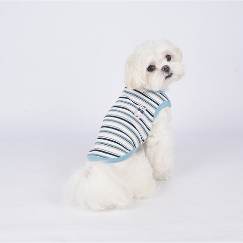 멍냥부띠크 강아지 민소매 스트라이프 티셔츠 실내복, 블루