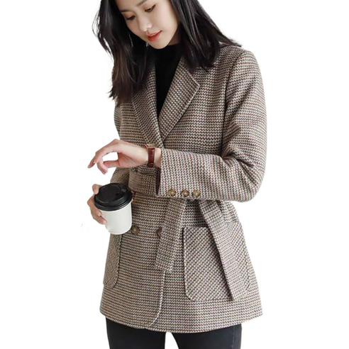 셀럽당 체크 모직 정장 코트 여 추동 모직 코트