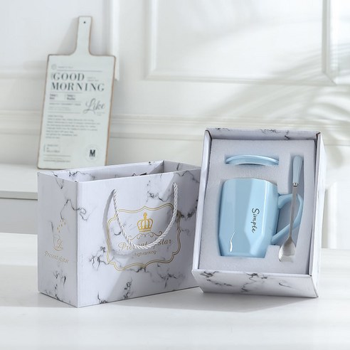 DFMEI 하이 -값 워터 컵 여 마크 컵 간단한 커피 컵 사무실 세라믹 컵 커버 컵 홈, 스카이 블루 선물 상자 포장