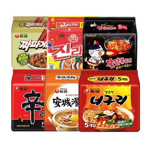농심신라면+안성탕면+얼큰너구리+짜파게티+진라면매운+불닭볶음면, 1세트