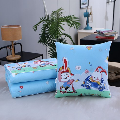 베개 이불 겸용 40*40cm 쿠션 낮잠 담요, 토끼낙원-블루