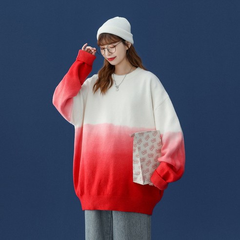 smy특대 그라데이션 스웨터 여성 봄과 가을 옷 세련된 느슨한 게으른 후드 무료 라운드 넥 Bottoming 스웨터 탑