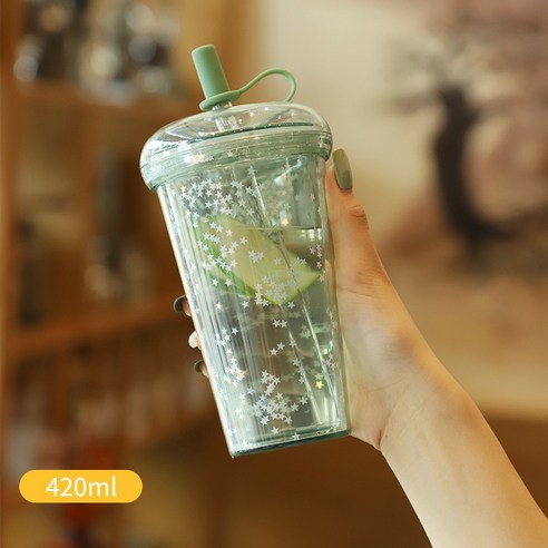 현채 더블 우유 컵 여학생 밀크티 주스 컵 밀봉 누출 방지 커피 컵 정교한 빨대 컵, 군용 녹색, 420ML