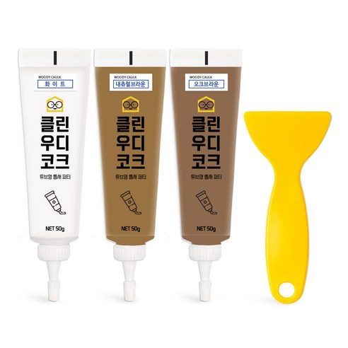 철물팩토리 퍼티 우디코크 마루바닥보수 메꾸미 보수제, 화이트+내츄럴브라운+오크브라운+PVC헤라, 1세트