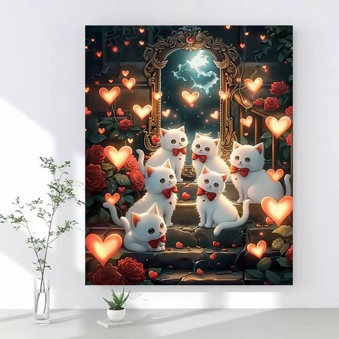 보석십자수 캔버스형 DIY 액자형 40x50cm 3D 대형 다이아몬드페인팅 그림 구슬십자수 행운 거실 인테리어 그림, 1개, 09 화이트 고양이 로즈