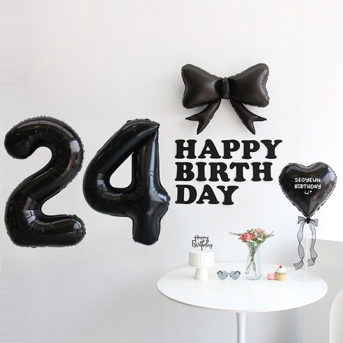 이벤트홀릭 블랙 풍선 생일파티용품세트 (자유레터링) 리본 숫자 풍선 가랜드, 1개, 24