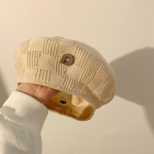 편직 자모 베레모 여춘 여름 일계 현안 꽃봉오리 화가 모자, 베이지, M(56-58cm)