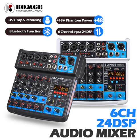 BOMGE Newest Wireless 6 Channel 24 DSP USB Audio Mixer Interface Portable Mixing Console Sound Card, black, EU, BMG-06F