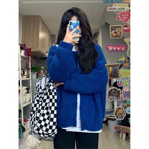 클라인 블루 스웨터 클라인 블루 니트 여 루즈핏 복고일계 나른한 꽈배기 니트 카디건 코트