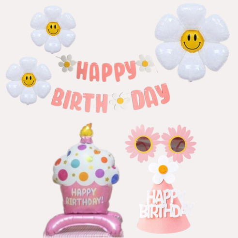 연지마켓 생일파티 용품 세트 데이지 풍선 생일 가랜드 안경 고깔, 1세트, 02)핑크 컵케이크