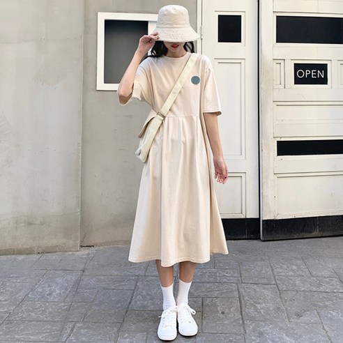 젠틸레 여성용 롱 반팔 티셔츠 루즈핏 원피스 홈드레스