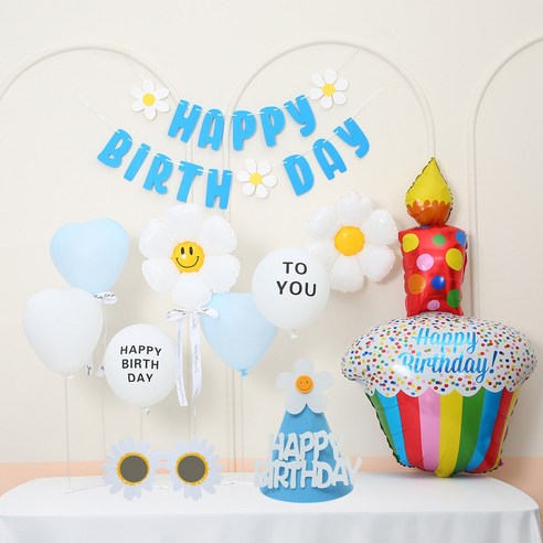 [피앤비유니티]프리핏 데이지 생일풍선 스탠드세트(가랜드형) 안경모자포함, 1세트, 10)생일케익 블루