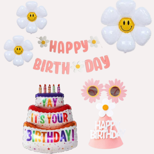 연지마켓 생일파티 용품 세트 데이지 풍선 생일 가랜드 안경 고깔, 1세트, 03)핑크 캔들케이크