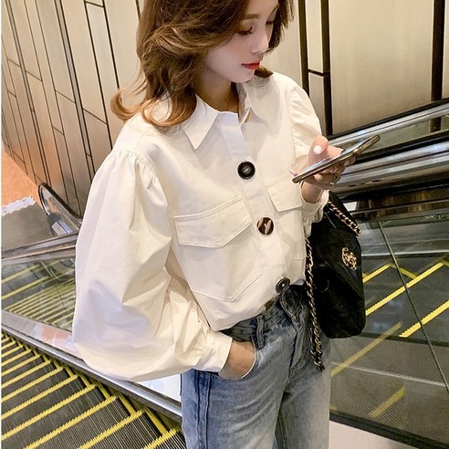 퍼프 긴팔 터틀넥 긴팔 흰색 셔츠
