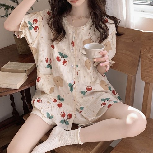 주디앤 여성 로맨틱 레이스 반팔 파자마 상하의 세트
