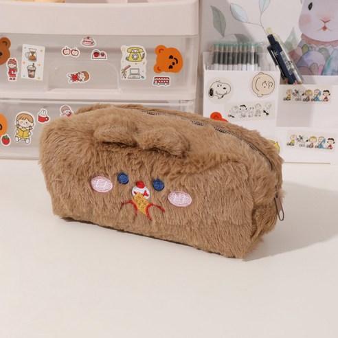 로앤제이 귀여운 토끼 인형 필통 파우치 뽀글이 봉제필통 파우치, 1개, 브라운