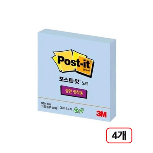 3M)포스트잇 강한점착용 (654/친환경) 4개입, 크림블루