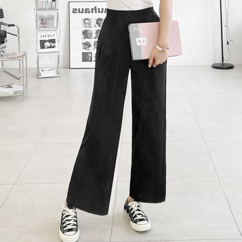 가비진 여성용 골지 일자 와이드 핀턱 밴딩 팬츠