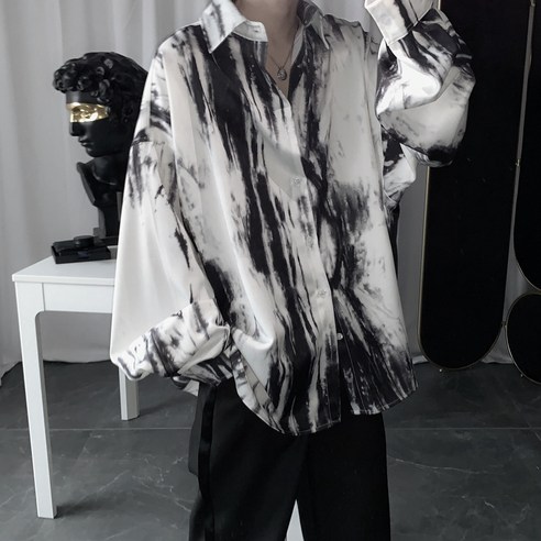 KORELAN 남성복 트렌드 브랜드 원숙풍 수묵 자염 프린트 커플 긴팔 셔츠 여성용 와이드 셔츠 코트
