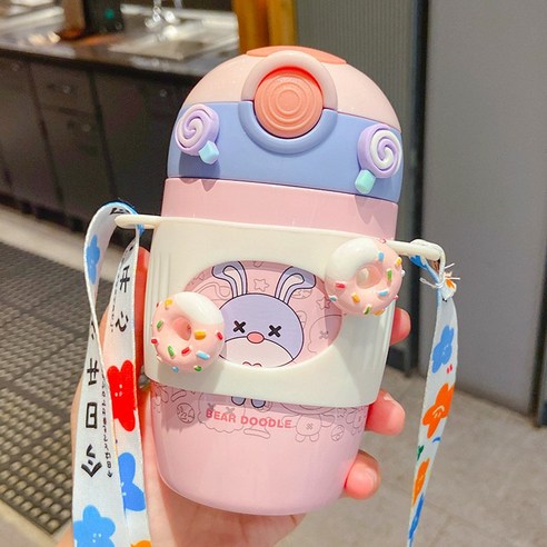DFMEI 뷰티풀 물컵 텀블러 여자 빨대 겸 러블리 크로스 주전자 인플루언서 컵 ins, 핑크 오실레이즈 토끼 + 임의 액세서리 + 실리콘 컵, 280ml