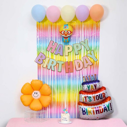 [피앤비유니티]스마일데이지 풍선스탠드 생일장식커튼세트 펌프포함, 1세트, 04)뽀로로기본형 마카롱커튼세트