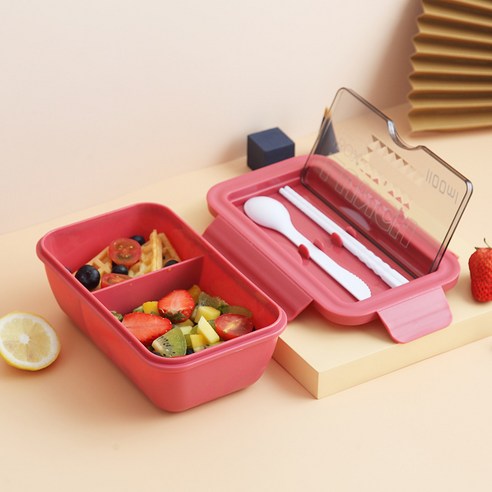 创意日式塑料分格饭盒带餐具成人午餐盒办公便当盒保鲜盒, 호손 레드, 1100ml