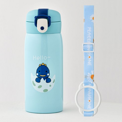 코코메이트 원터치 보온보냉 공룡 텀블러(350ml) 스트랩세트, 텀블러(스카이블루) + 스트랩(블루), 350ml