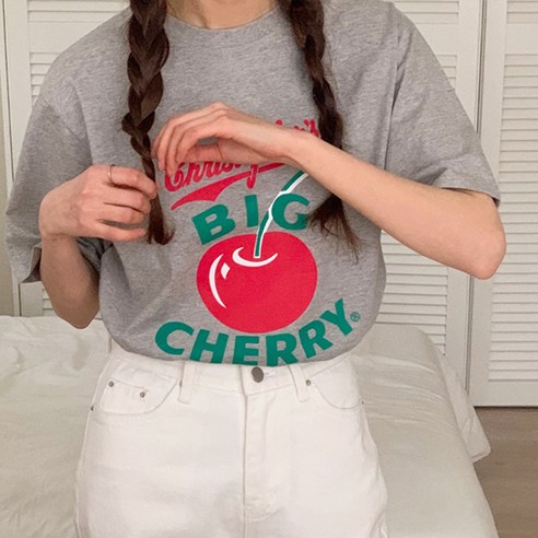 빅사이즈 오버핏 롱티 라운드 반팔 데일리룩 루즈핏 CHERRY프린팅반팔티