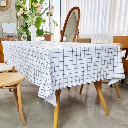 캐프마켓 체크 방수 테이블보 사각 원형 식탁보, 화이트, 6인용 140 x 200 cm, 1개