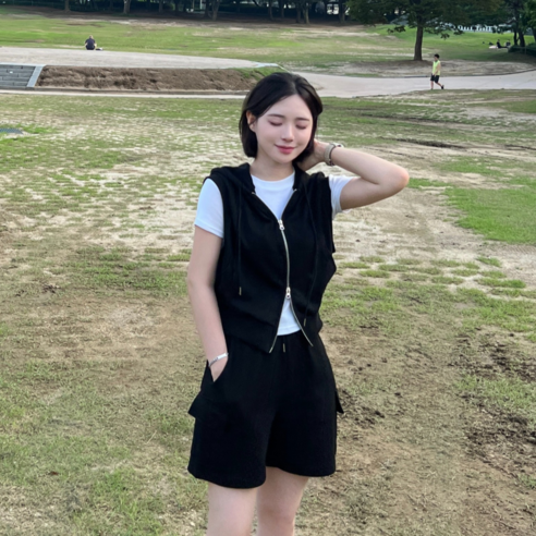남녀공용 커플 후드 조끼 트레이닝 세트 카고 반바지