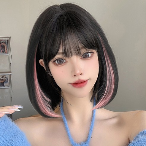 VENUS bobo 보보 헤어스타일 패션 가발, 부분 염색 딸기핑크