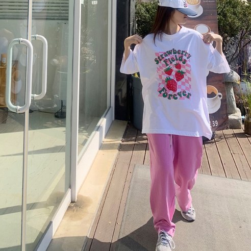 애플망고샵 여성 빅사이즈 오버핏 반팔 딸기 롱박스 캐주얼 롱 여름 티셔츠