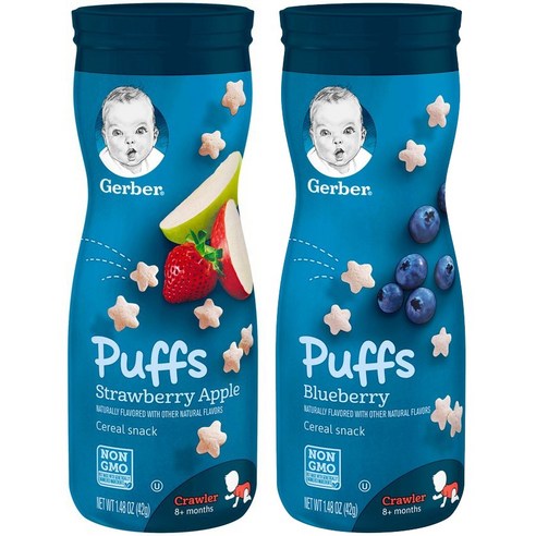gerber 퍼프 시리얼 스낵 크로어 8+ 먼스 42g, 1세트, 딸기 사과 + 블루베리