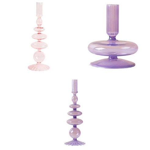 3pcs 유리 캔들 홀더 스탠드 드라이 플라워 꽃병 장식 식사 장식, 핑크+퍼플