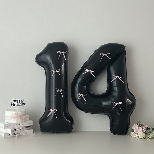 연지마켓 블랙 대형 숫자 풍선 리본 기념일 생일, 1개, 핑크리본 + 블랙숫자 14