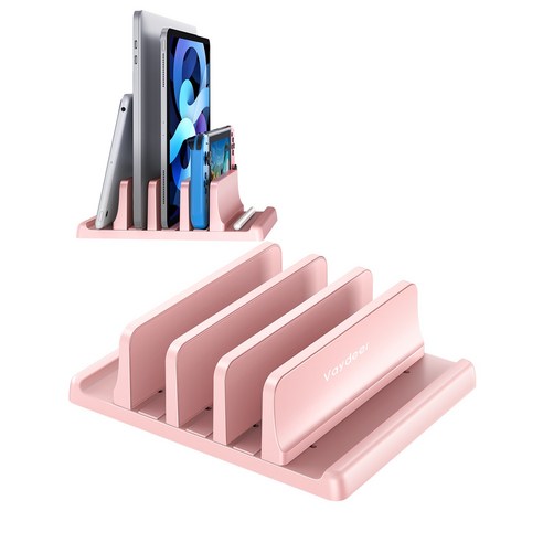 Vaydeer 프리미엄 ABS 플라스틱으로 제작된 3슬롯 수직 노트북 스탠드 5 in 1 디자인으로 모든 MacBook/크롬북/표면용 공간 절약형 조절식 책상 정리함, Pink, 1개