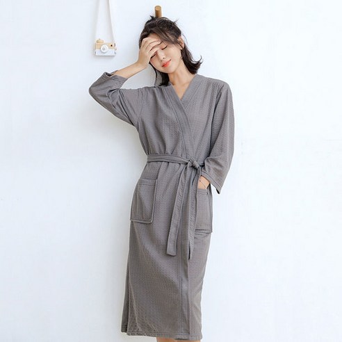 DFMEI-Y 봄과 가을 얇은 핑크 잠옷 느슨한 와플 남성과 여성의 목욕 가운 호텔 목욕 가운 모닝 가운 커플 잠옷 여름, DFMEI 회색 여성, 2XL