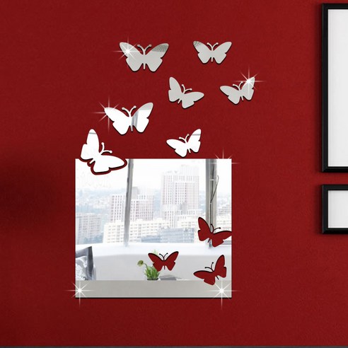 커다란 네모난 나비 거울면 팝콘 입체 장식 벽 거실 벽 재질 제거 가능, JM185 실버
